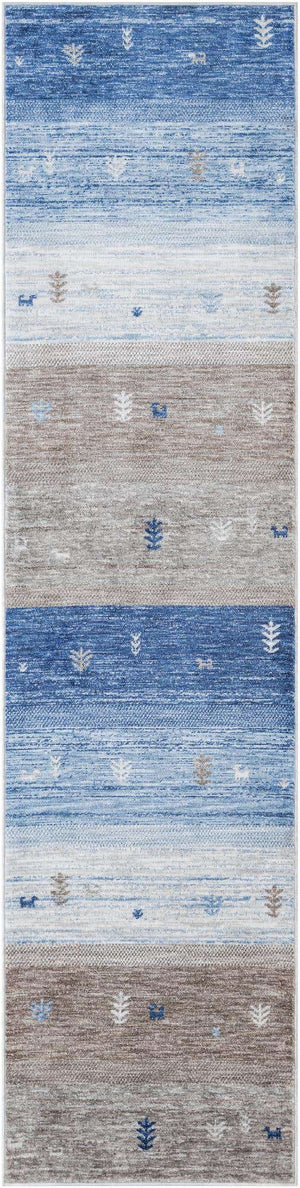 Blue Gray 2' 7 x 10' Gabbeh Runner Area Rug 100% Polyester (Space-Dyed Yarn) Stylish Contemporary Carpet for Home Interior Design for Sale at Rug Engine