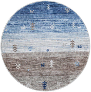 Blue Gray 3' 3 x 3' 3 Gabbeh Round Area Rug 100% Polyester (Space-Dyed Yarn) Stylish Contemporary Carpet for Home Interior Design for Sale at Rug Engine