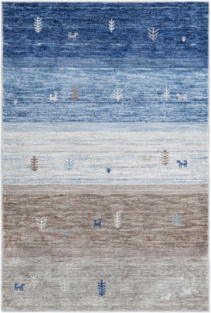 Blue Gray 4' 1 x 6' 1 Gabbeh Rectangle Area Rug 100% Polyester (Space-Dyed Yarn) Stylish Contemporary Carpet for Home Interior Design for Sale at Rug Engine