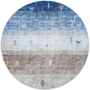 Blue Gray 5' 3 x 5' 3 Gabbeh Round Area Rug 100% Polyester (Space-Dyed Yarn) Stylish Contemporary Carpet for Home Interior Design for Sale at Rug Engine