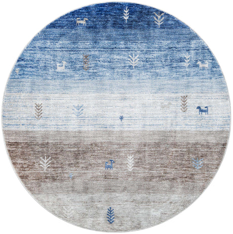 Blue Gray 5' 3 x 5' 3 Gabbeh Round Area Rug 100% Polyester (Space-Dyed Yarn) Stylish Contemporary Carpet for Home Interior Design for Sale at Rug Engine