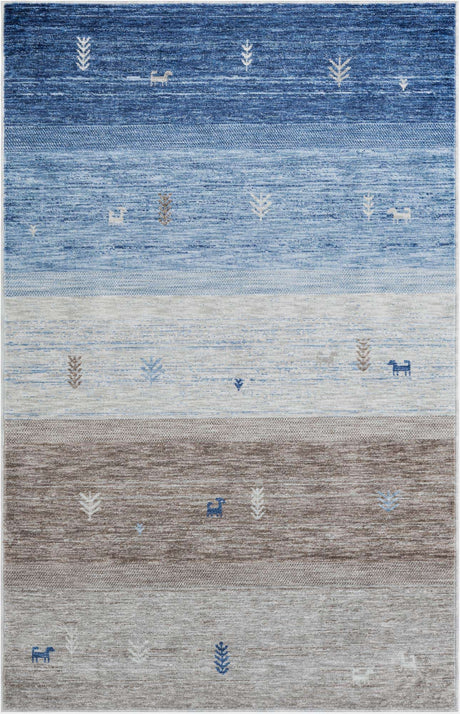 Blue Gray 5' 3 x 8' Gabbeh Rectangle Area Rug 100% Polyester (Space-Dyed Yarn) Stylish Contemporary Carpet for Home Interior Design for Sale at Rug Engine