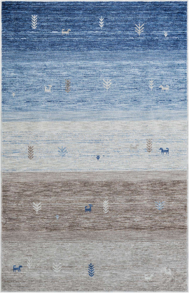 Blue Gray 5' 3 x 8' Gabbeh Rectangle Area Rug 100% Polyester (Space-Dyed Yarn) Stylish Contemporary Carpet for Home Interior Design for Sale at Rug Engine