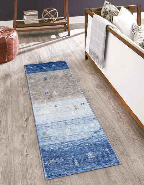 Blue Gray 2' 7 x 12' Gabbeh Runner Area Rug 100% Polyester (Space-Dyed Yarn) Stylish Contemporary Carpet for Home Interior Design for Sale at Rug Engine