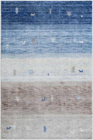 Blue Gray 6' 1 x 9' Gabbeh Rectangle Area Rug 100% Polyester (Space-Dyed Yarn) Stylish Contemporary Carpet for Home Interior Design for Sale at Rug Engine