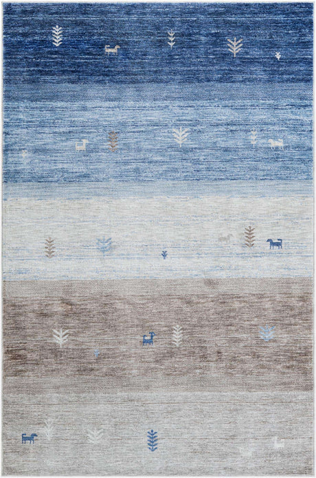 Blue Gray 6' 1 x 9' Gabbeh Rectangle Area Rug 100% Polyester (Space-Dyed Yarn) Stylish Contemporary Carpet for Home Interior Design for Sale at Rug Engine