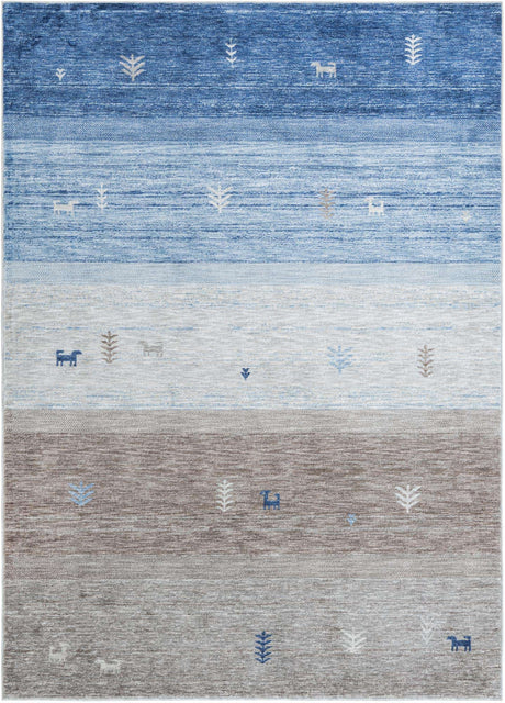 Blue Gray 7' 1 x 10' Gabbeh Rectangle Area Rug 100% Polyester (Space-Dyed Yarn) Stylish Contemporary Carpet for Home Interior Design for Sale at Rug Engine