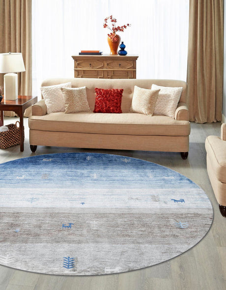 Blue Gray 7' 10 x 7' 10 Gabbeh Round Area Rug 100% Polyester (Space-Dyed Yarn) Stylish Contemporary Carpet for Home Interior Design for Sale at Rug Engine