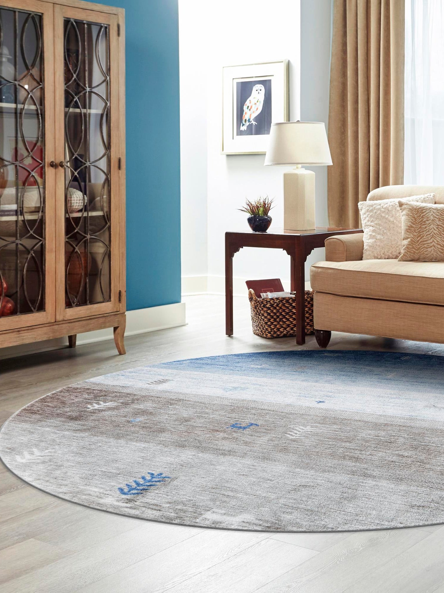 Blue Gray 5' 3 x 5' 3 Gabbeh Round Area Rug 100% Polyester (Space-Dyed Yarn) Stylish Contemporary Carpet for Home Interior Design for Sale at Rug Engine