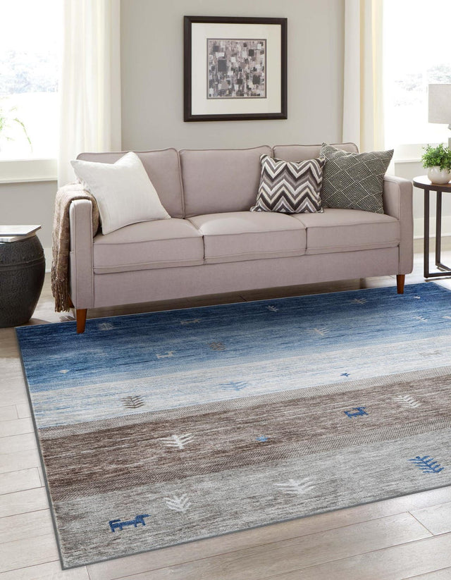 Blue Gray 7' 10 x 7' 10 Gabbeh Square Area Rug 100% Polyester (Space-Dyed Yarn) Stylish Contemporary Carpet for Home Interior Design for Sale at Rug Engine