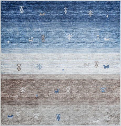 Blue Gray 7' 10 x 7' 10 Gabbeh Square Area Rug 100% Polyester (Space-Dyed Yarn) Stylish Contemporary Carpet for Home Interior Design for Sale at Rug Engine
