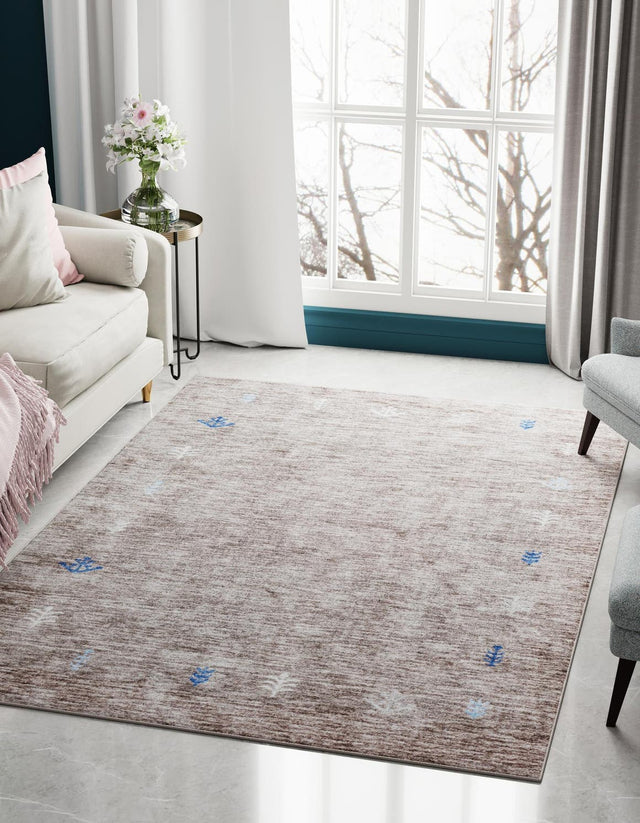 Gray Brown 4' 1 x 6' 1 Gabbeh Rectangle Area Rug 100% Polyester (Space-Dyed Yarn) Stylish Contemporary Carpet for Home Interior Design for Sale at Rug Engine