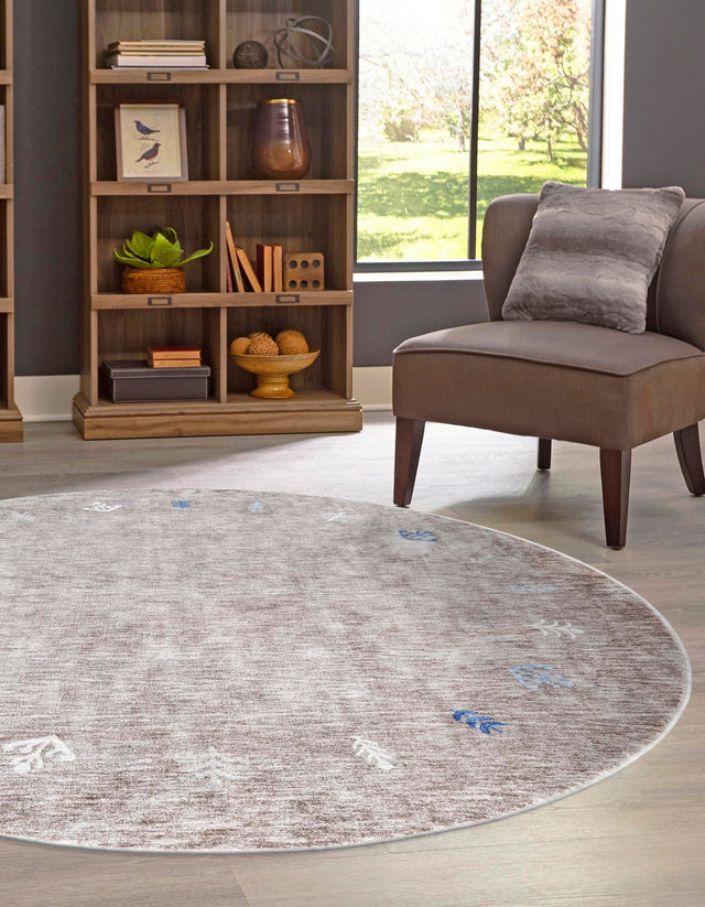 Gray Brown 5' 3 x 5' 3 Gabbeh Round Area Rug 100% Polyester (Space-Dyed Yarn) Stylish Contemporary Carpet for Home Interior Design for Sale at Rug Engine