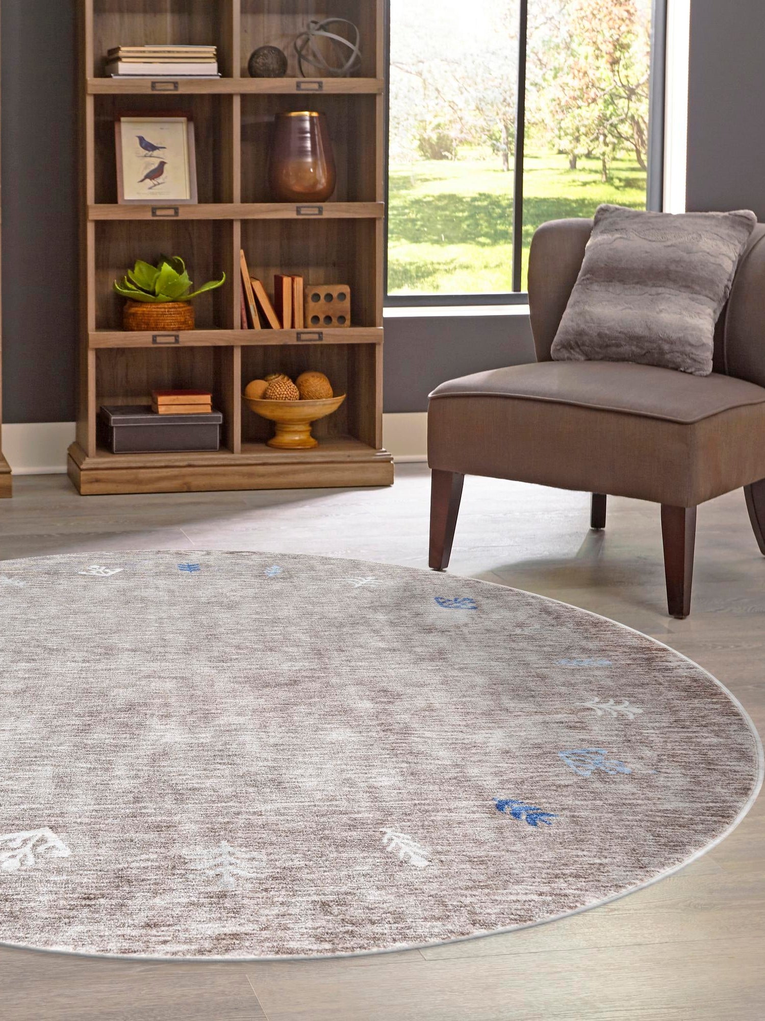 Gray Brown 7' 10 x 7' 10 Gabbeh Round Area Rug 100% Polyester (Space-Dyed Yarn) Stylish Contemporary Carpet for Home Interior Design for Sale at Rug Engine