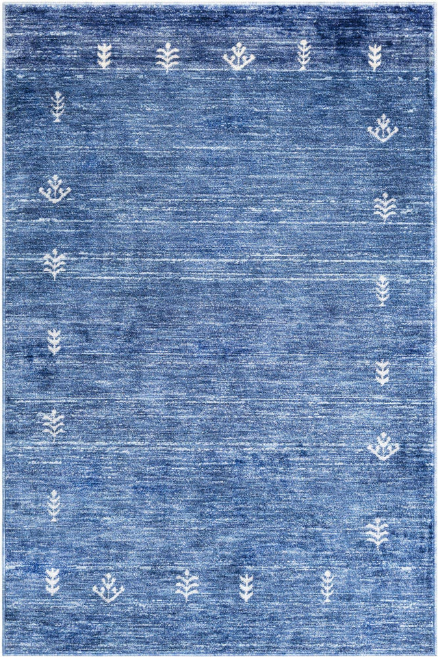 Navy Blue 4' 1 x 6' 1 Gabbeh Rectangle Area Rug 100% Polyester (Space-Dyed Yarn) Stylish Contemporary Carpet for Home Interior Design for Sale at Rug Engine