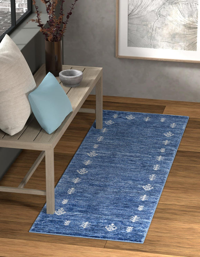 Navy Blue 2' 7 x 12' Gabbeh Runner Area Rug 100% Polyester (Space-Dyed Yarn) Stylish Contemporary Carpet for Home Interior Design for Sale at Rug Engine