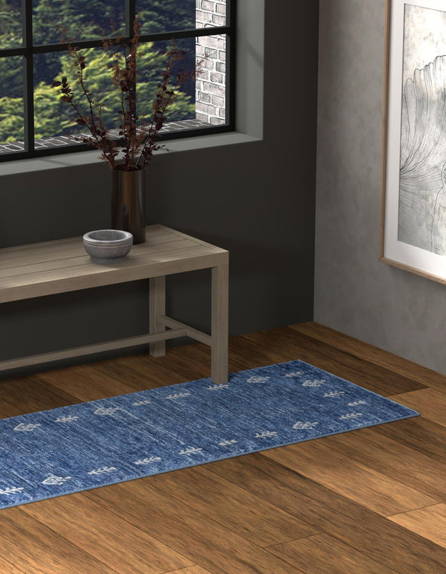 Navy Blue 2' x 6' 1 Gabbeh Runner Area Rug 100% Polyester (Space-Dyed Yarn) Stylish Contemporary Carpet for Home Interior Design for Sale at Rug Engine