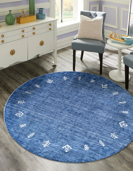Navy Blue 3' 3 x 3' 3 Gabbeh Round Area Rug 100% Polyester (Space-Dyed Yarn) Stylish Contemporary Carpet for Home Interior Design for Sale at Rug Engine