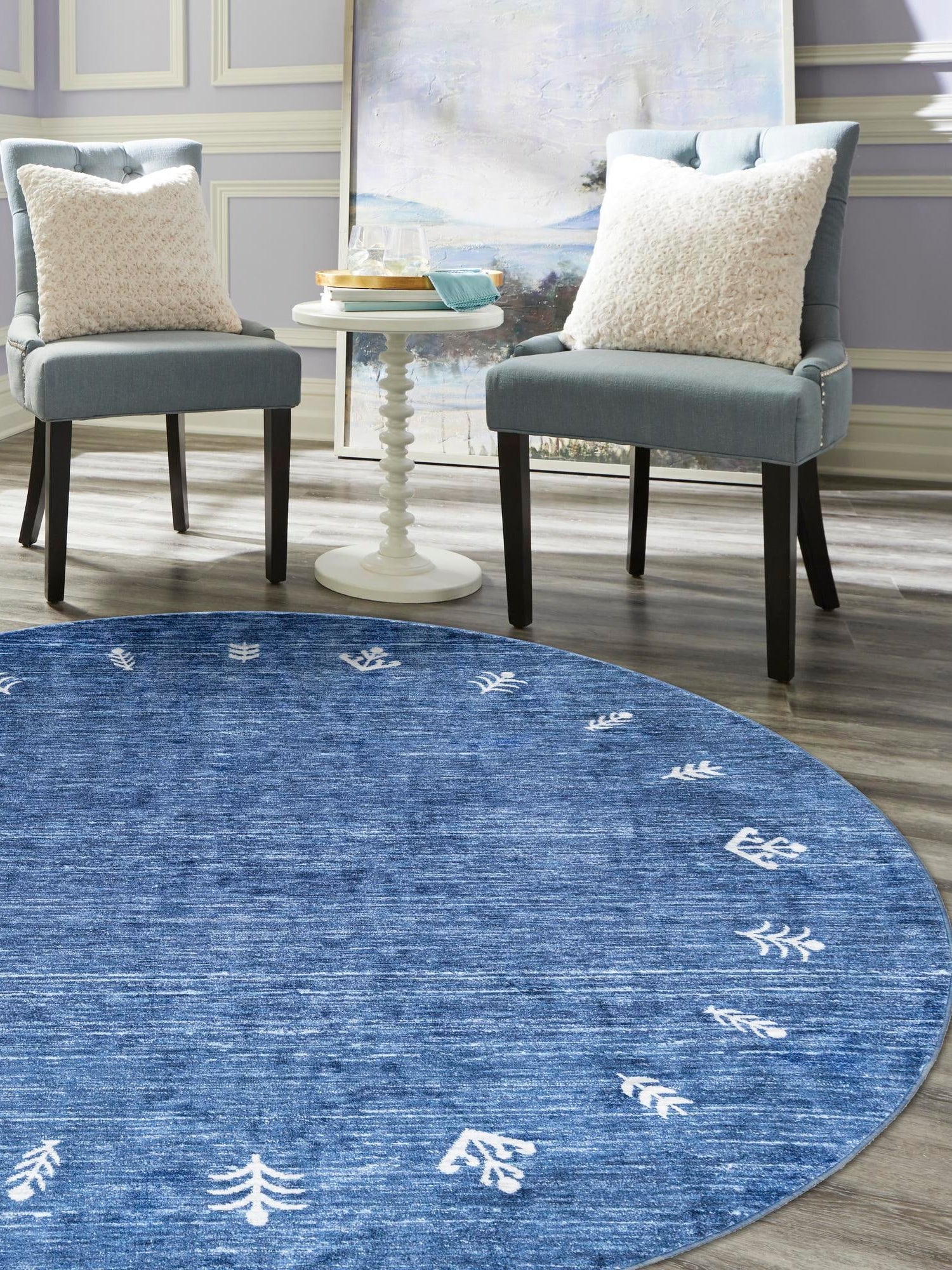 Navy Blue 7' 10 x 7' 10 Gabbeh Round Area Rug 100% Polyester (Space-Dyed Yarn) Stylish Contemporary Carpet for Home Interior Design for Sale at Rug Engine
