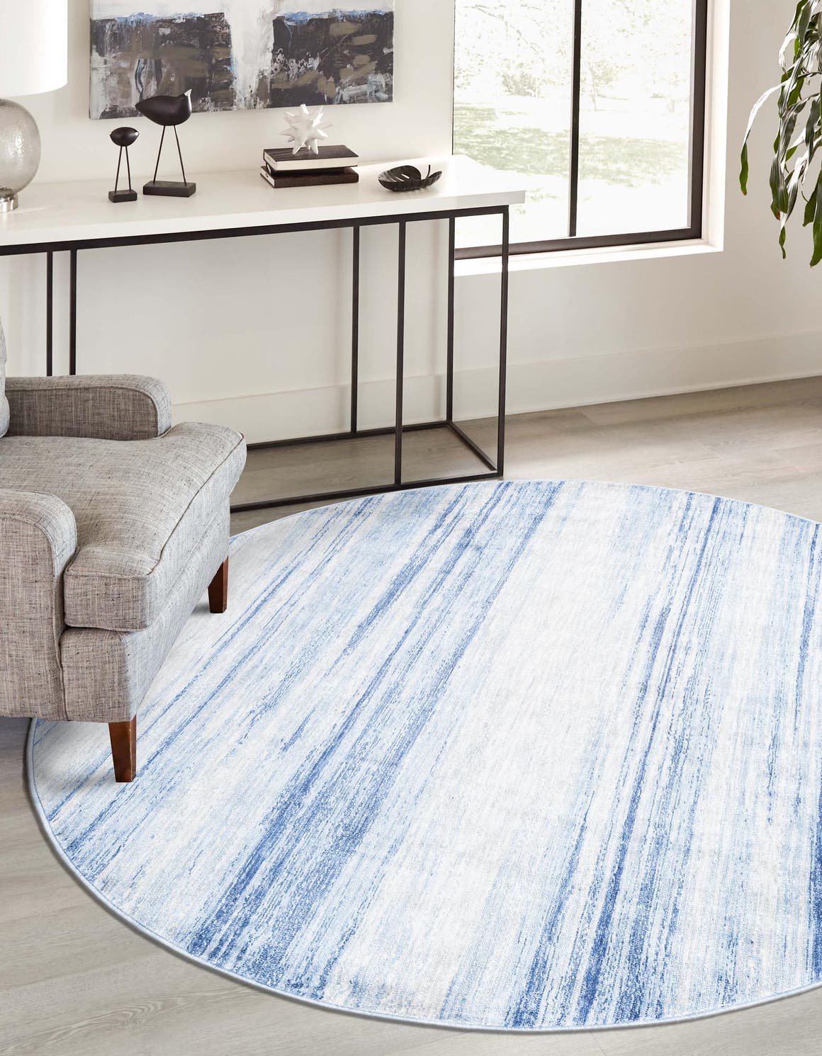 Blue Ivory 7' 10 x 7' 10 Gabbeh Round Area Rug 100% Polyester (Space-Dyed Yarn) Stylish Contemporary Carpet for Home Interior Design for Sale at Rug Engine