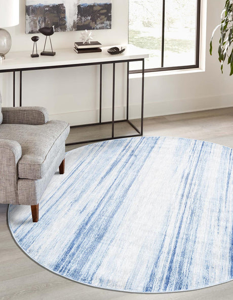 Blue Ivory 7' 10 x 7' 10 Gabbeh Round Area Rug 100% Polyester (Space-Dyed Yarn) Stylish Contemporary Carpet for Home Interior Design for Sale at Rug Engine