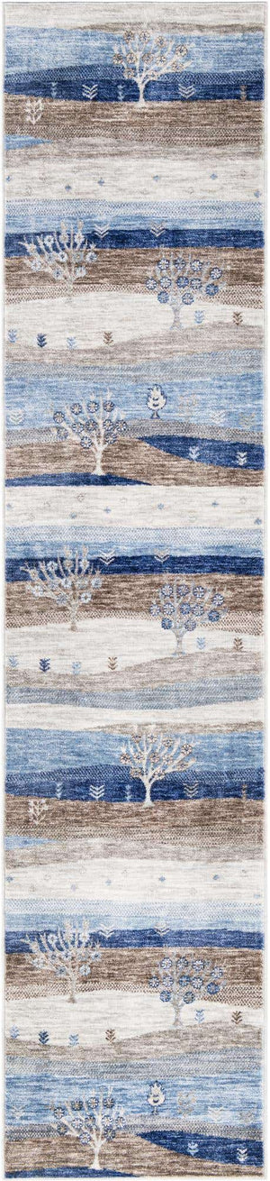 Blue Gray 2' 7 x 12' Gabbeh Runner Area Rug 100% Polyester (Space-Dyed Yarn) Stylish Contemporary Carpet for Home Interior Design for Sale at Rug Engine