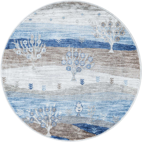 Blue Gray 3' 3 x 3' 3 Gabbeh Round Area Rug 100% Polyester (Space-Dyed Yarn) Stylish Contemporary Carpet for Home Interior Design for Sale at Rug Engine