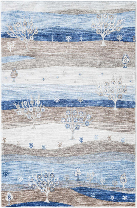 Blue Gray 4' 1 x 6' 1 Gabbeh Rectangle Area Rug 100% Polyester (Space-Dyed Yarn) Stylish Contemporary Carpet for Home Interior Design for Sale at Rug Engine