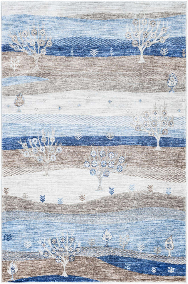 Blue Gray 4' 1 x 6' 1 Gabbeh Rectangle Area Rug 100% Polyester (Space-Dyed Yarn) Stylish Contemporary Carpet for Home Interior Design for Sale at Rug Engine