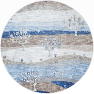 Blue Gray 5' 3 x 5' 3 Gabbeh Round Area Rug 100% Polyester (Space-Dyed Yarn) Stylish Contemporary Carpet for Home Interior Design for Sale at Rug Engine