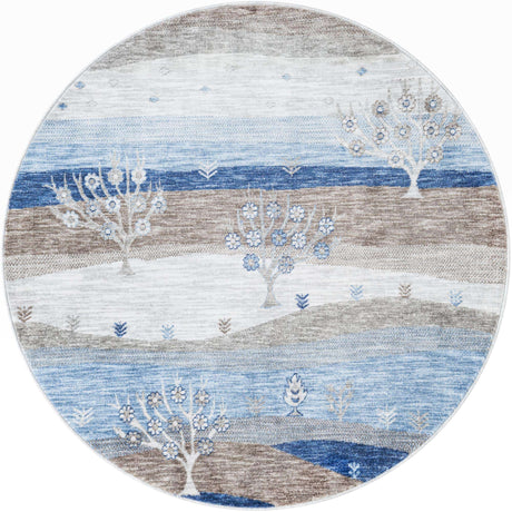 Blue Gray 5' 3 x 5' 3 Gabbeh Round Area Rug 100% Polyester (Space-Dyed Yarn) Stylish Contemporary Carpet for Home Interior Design for Sale at Rug Engine