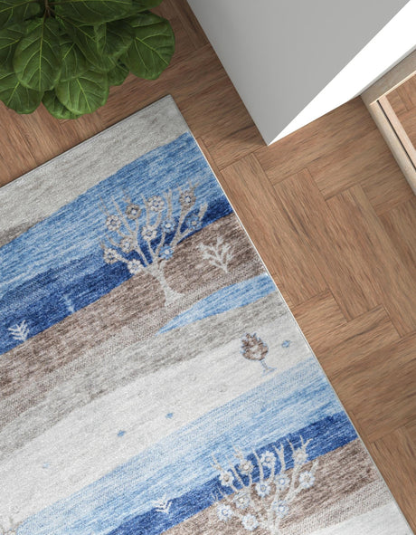 Blue Gray 9' 10 x 13' 1 Gabbeh Rectangle Area Rug 100% Polyester (Space-Dyed Yarn) Stylish Contemporary Carpet for Home Interior Design for Sale at Rug Engine
