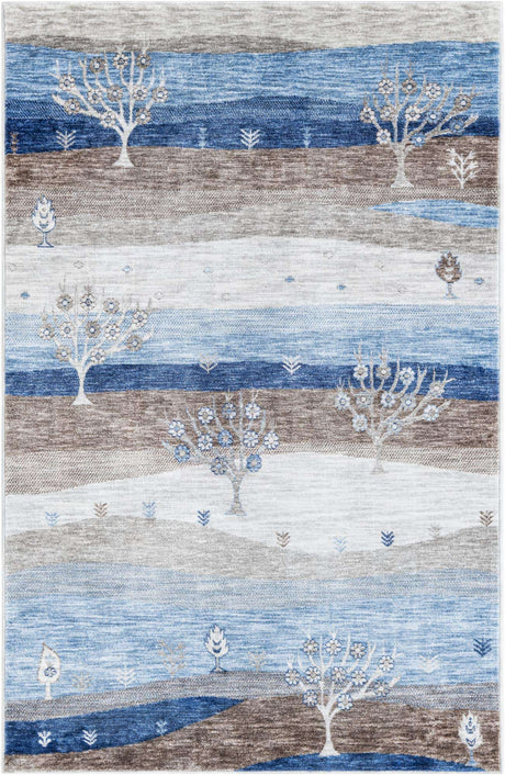 Blue Gray 5' 3 x 8' Gabbeh Rectangle Area Rug 100% Polyester (Space-Dyed Yarn) Stylish Contemporary Carpet for Home Interior Design for Sale at Rug Engine