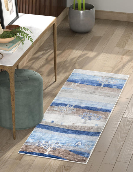 Blue Gray 2' 7 x 12' Gabbeh Runner Area Rug 100% Polyester (Space-Dyed Yarn) Stylish Contemporary Carpet for Home Interior Design for Sale at Rug Engine