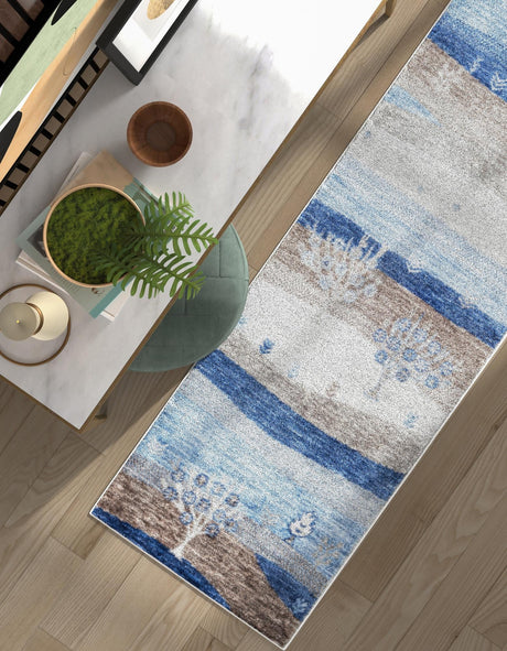 Blue Gray 2' 7 x 10' Gabbeh Runner Area Rug 100% Polyester (Space-Dyed Yarn) Stylish Contemporary Carpet for Home Interior Design for Sale at Rug Engine