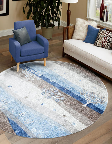 Blue Gray 5' 3 x 5' 3 Gabbeh Round Area Rug 100% Polyester (Space-Dyed Yarn) Stylish Contemporary Carpet for Home Interior Design for Sale at Rug Engine