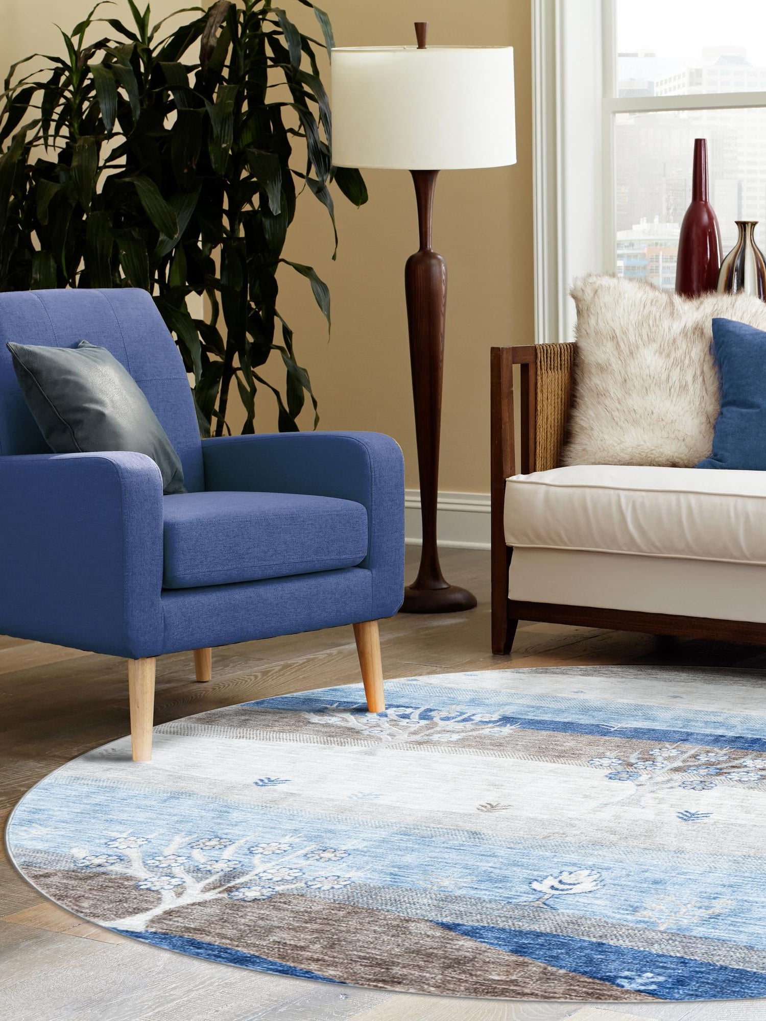 Blue Gray 5' 3 x 5' 3 Gabbeh Round Area Rug 100% Polyester (Space-Dyed Yarn) Stylish Contemporary Carpet for Home Interior Design for Sale at Rug Engine