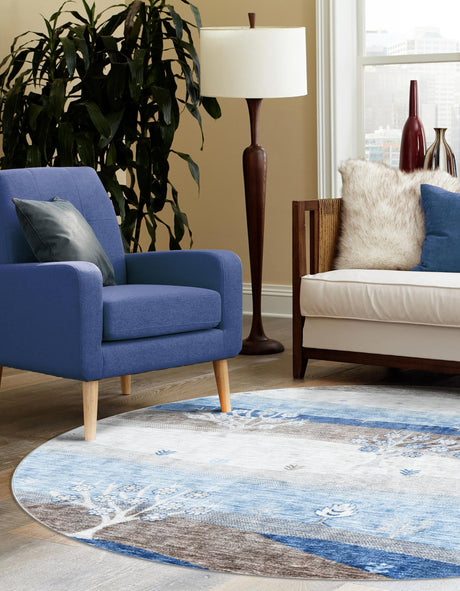Blue Gray 7' 10 x 7' 10 Gabbeh Round Area Rug 100% Polyester (Space-Dyed Yarn) Stylish Contemporary Carpet for Home Interior Design for Sale at Rug Engine