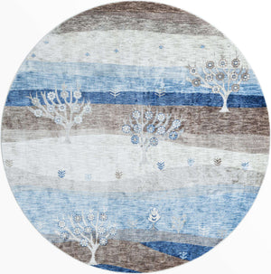 Blue Gray 7' 10 x 7' 10 Gabbeh Round Area Rug 100% Polyester (Space-Dyed Yarn) Stylish Contemporary Carpet for Home Interior Design for Sale at Rug Engine