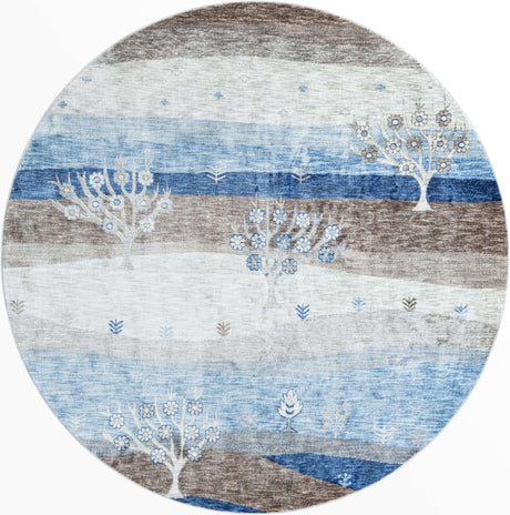 Blue Gray 7' 10 x 7' 10 Gabbeh Round Area Rug 100% Polyester (Space-Dyed Yarn) Stylish Contemporary Carpet for Home Interior Design for Sale at Rug Engine