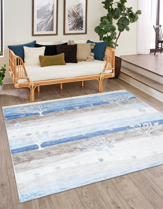 Blue Gray 7' 10 x 7' 10 Gabbeh Square Area Rug 100% Polyester (Space-Dyed Yarn) Stylish Contemporary Carpet for Home Interior Design for Sale at Rug Engine