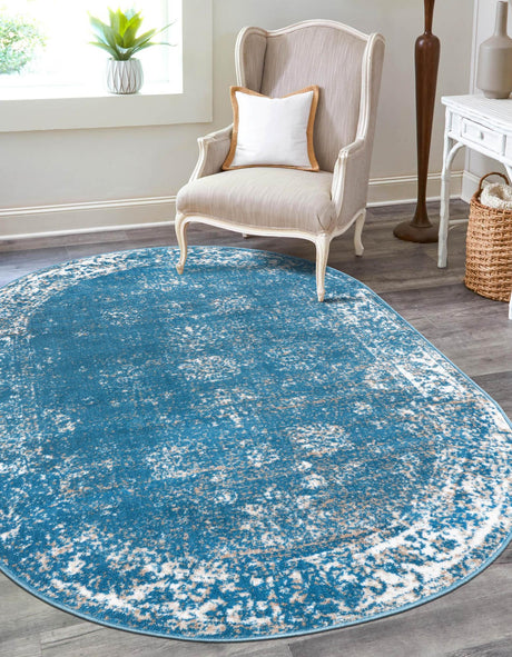 Blue 4' 1 x 6' 1 Sofia Oval Area Rug Durable Easy Clean Stain Resistant Unique Carpet for Affordable Interior Home Design for Sale at Rug Engine