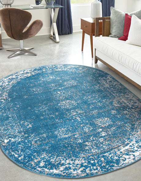 Blue 4' 1 x 6' 1 Sofia Oval Area Rug Durable Easy Clean Stain Resistant Unique Carpet for Affordable Interior Home Design for Sale at Rug Engine