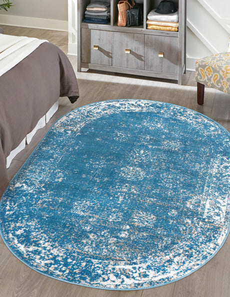 Blue 4' 1 x 6' 1 Sofia Oval Area Rug Durable Easy Clean Stain Resistant Unique Carpet for Affordable Interior Home Design for Sale at Rug Engine