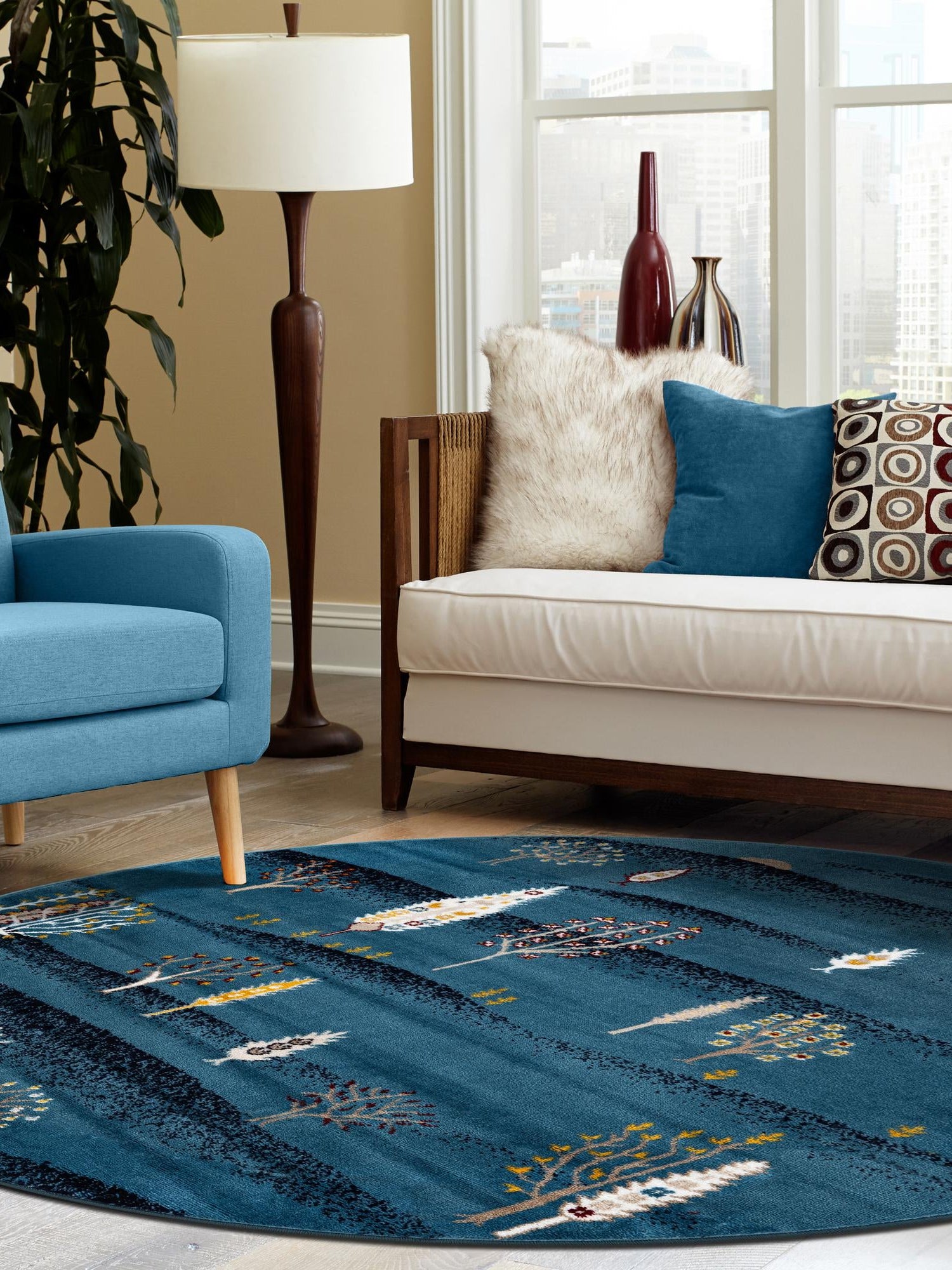 Blue 5' 3 x 5' 3 Laguna Round Area Rug 100% Polypropylene Modern Contemporary Carpet for Bedrooms, Living Room, Dining, Office for Sale at Rug Engine