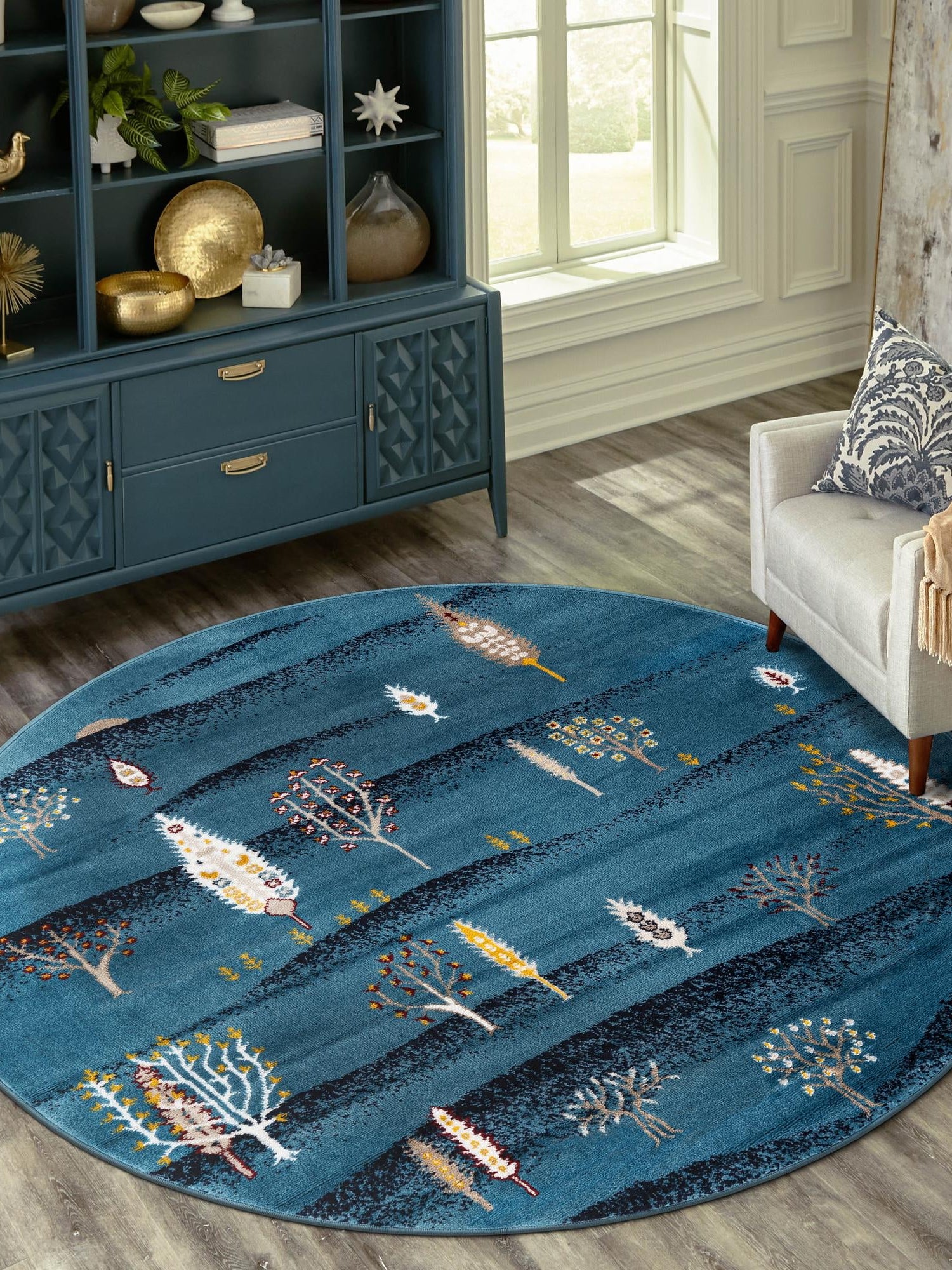 Blue 5' 3 x 5' 3 Laguna Round Area Rug 100% Polypropylene Modern Contemporary Carpet for Bedrooms, Living Room, Dining, Office for Sale at Rug Engine