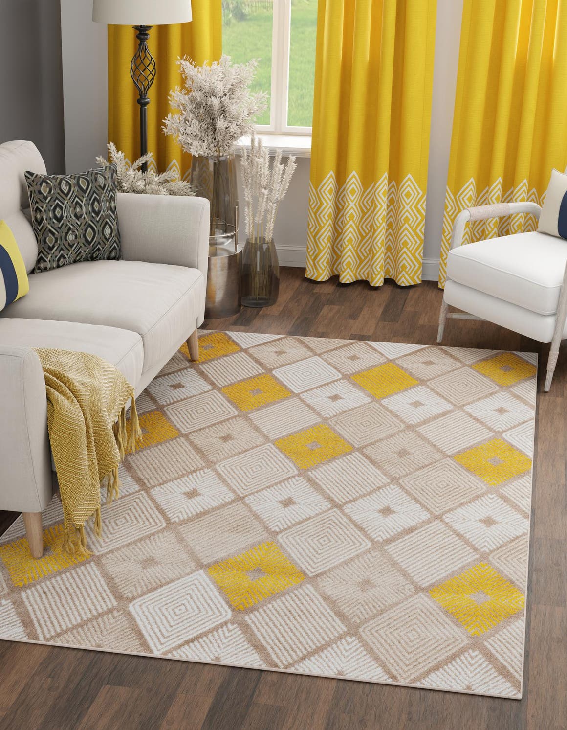 Ivory and Yellow 5' 3 x 8' Laguna Rectangle Area Rug 100% Polypropylene Modern Contemporary Carpet for Bedrooms, Living Room, Dining, Office for Sale at Rug Engine