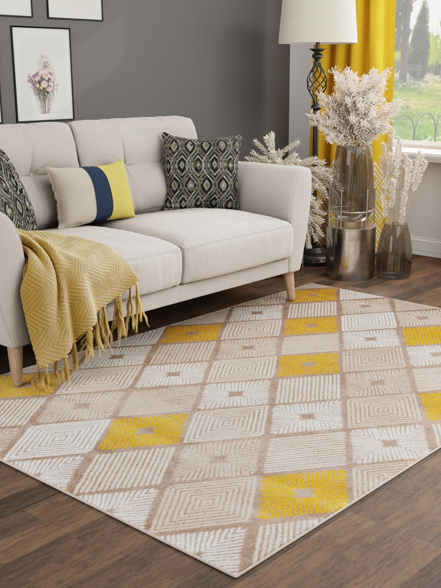 Ivory and Yellow 7' 1 x 10' Laguna Rectangle Area Rug 100% Polypropylene Modern Contemporary Carpet for Bedrooms, Living Room, Dining, Office for Sale at Rug Engine