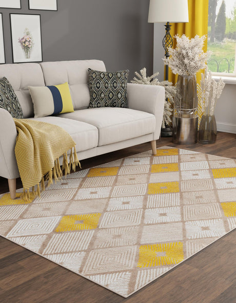 Ivory and Yellow 7' 10 x 10' Laguna Rectangle Area Rug 100% Polypropylene Modern Contemporary Carpet for Bedrooms, Living Room, Dining, Office for Sale at Rug Engine