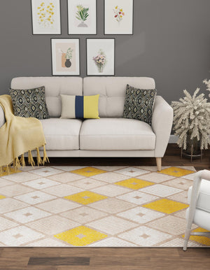 Ivory and Yellow 4' 1 x 6' 1 Laguna Rectangle Area Rug 100% Polypropylene Modern Contemporary Carpet for Bedrooms, Living Room, Dining, Office for Sale at Rug Engine